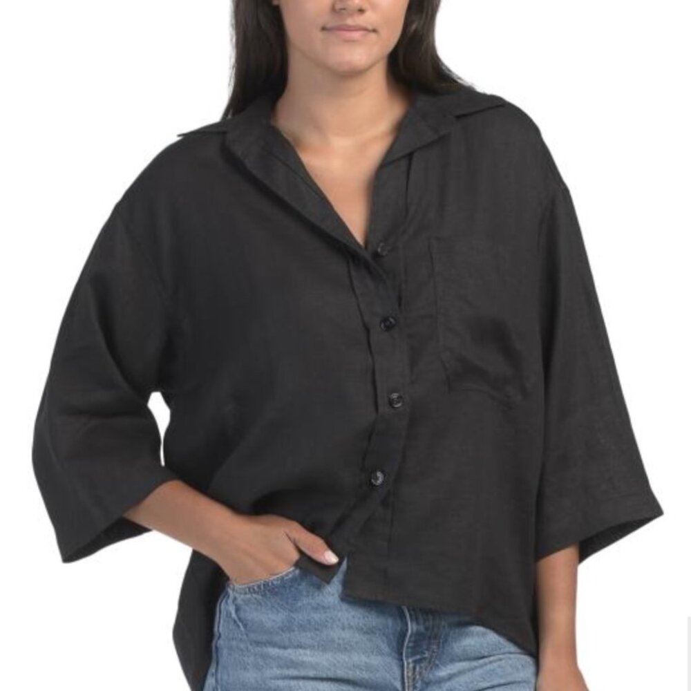 MAGASCHONI Linen Collared Button Down Easy Shirt W/Chest Pocket Black SZ XS $168